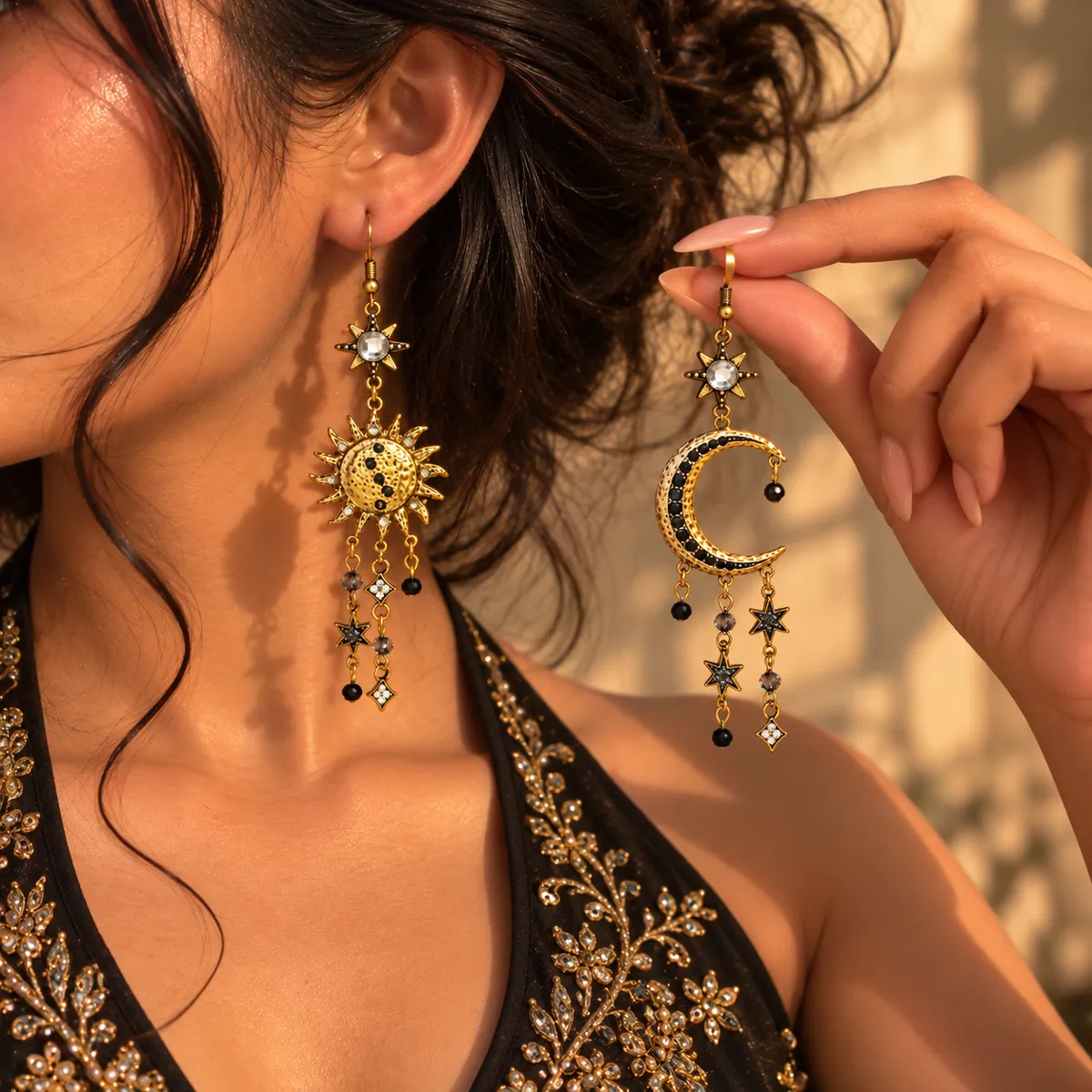Cosmic Muse Sun Moon Tassel Earrings